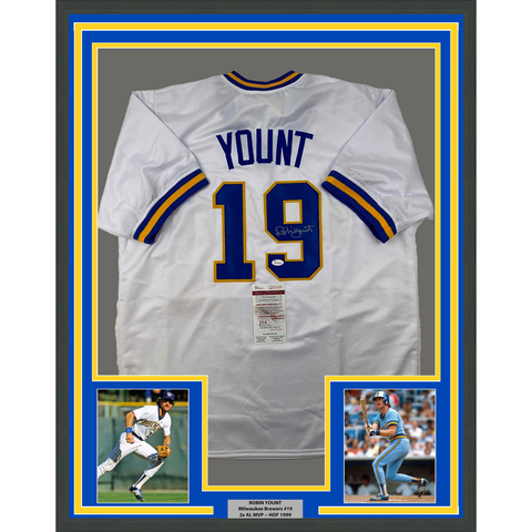 Framed Autographed/Signed Robin Yount 33x42 Milwaukee White Jersey JSA COA