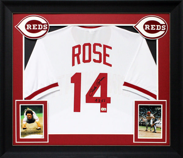 Pete Rose "4256" Authentic Signed White Pro Style Framed Jersey BAS Witness