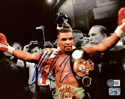 MIKE TYSON AUTOGRAPHED SIGNED 8X10 PHOTO WITH BELTS BECKETT BAS STOCK #202433