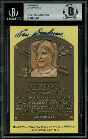 Indians Lou Boudreau Authentic Signed 3.5x5.5 HOF Plaque Postcard BAS Slabbed
