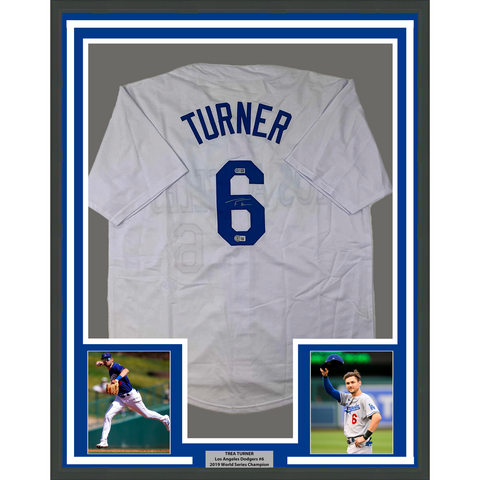 Framed Autographed/Signed Trea Turner 33x42 LA White Baseball Jersey BAS COA