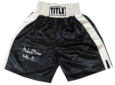 Michael Moorer Signed Title Black With Silver Waist Boxing Trunks w/Double M -SS