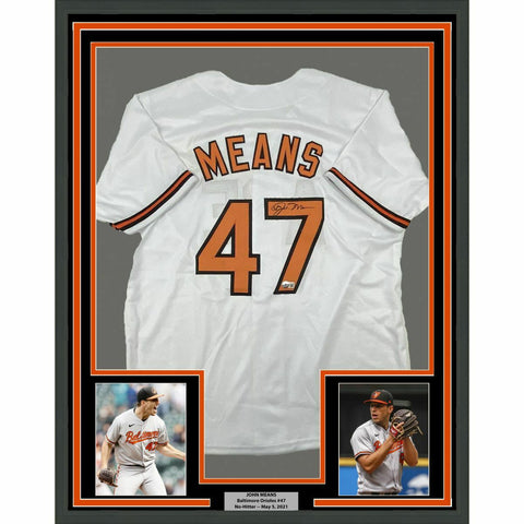 FRAMED Autographed/Signed JOHN MEANS 33x42 Baltimore White Jersey Beckett COA