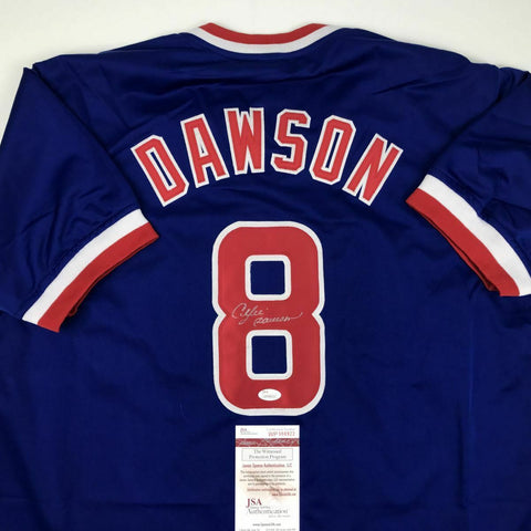 Autographed/Signed ANDRE DAWSON Chicago Blue Baseball Jersey JSA COA Auto