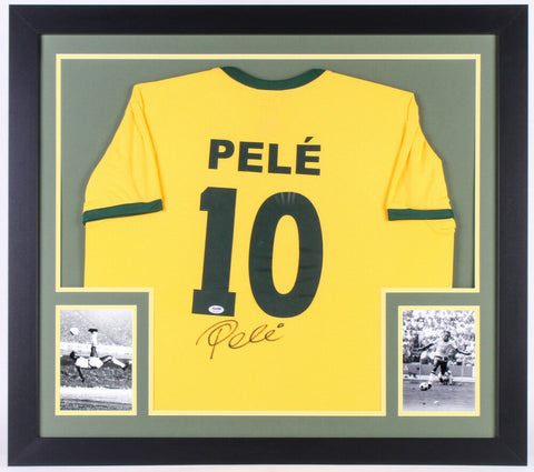 Pele Signed Brazil 31x35 Custom Framed Jersey (PSA COA) Soccer's All Time Great