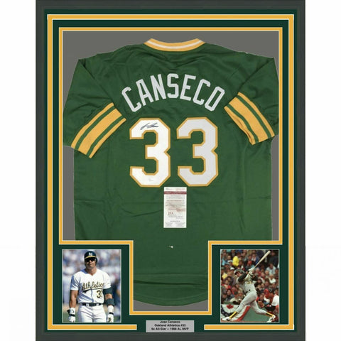 FRAMED Autographed/Signed JOSE CANSECO 33x42 Oakland Green Jersey JSA COA Auto