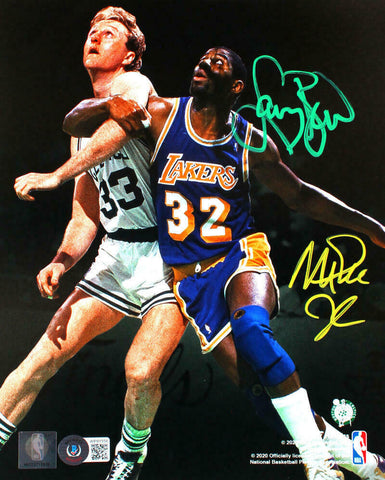 Larry Bird/Magic Johnson Autographed 8x10 FP Boxing Out Photo-Beckett W Hologram