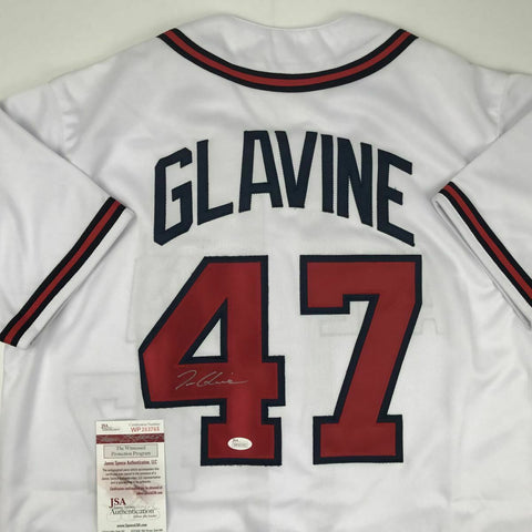 Autographed/Signed TOM GLAVINE Atlanta White Baseball Jersey JSA COA Auto
