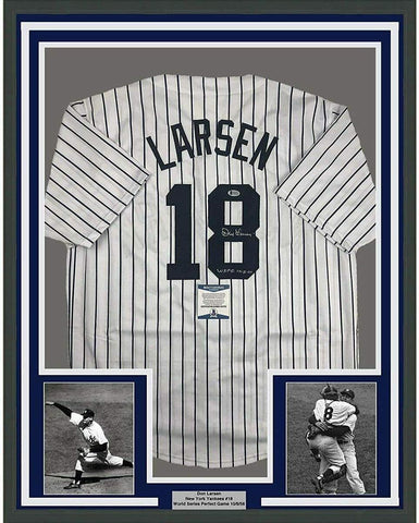 Framed Autographed/Signed Don Larsen Inscribed 33x42 Pinstripe Jersey BAS COA