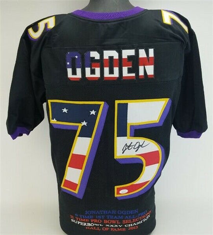 Jonathan Ogden Signed Baltimore Ravens USA Flag Custom Stat Jersey (JSA COA)