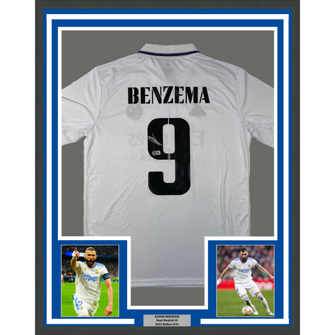 Framed Autographed/Signed Karim Benzema 33x42 2022-23 White Jersey BAS COA