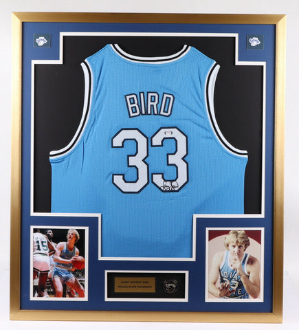 Larry "Legend" Bird Signed 32x36 Framed Indiana State Sycamores Jersey (PSA COA)