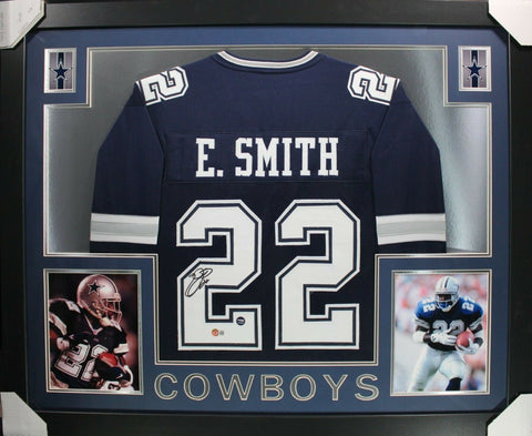 EMMITT SMITH (Cowboys blue SKYLINE) Signed Autographed Framed Jersey Beckett