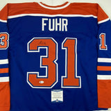 Autographed/Signed GRANT FUHR Edmonton Blue Hockey Jersey Beckett BAS COA Auto