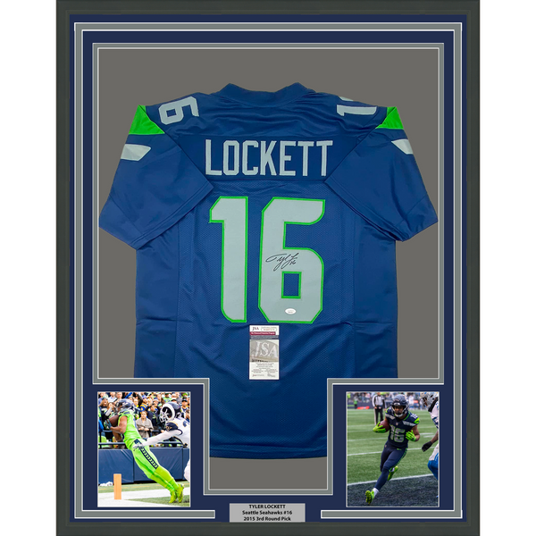 Framed Autographed/Signed Tyler Lockett 33x42 Seattle Blue Jersey JSA COA
