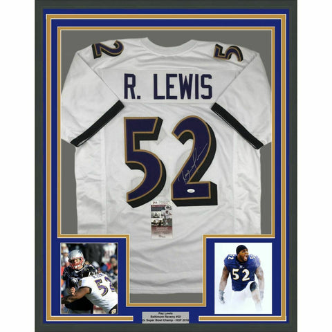FRAMED Autographed/Signed RAY LEWIS 33x42 Baltimore White Jersey JSA COA Auto