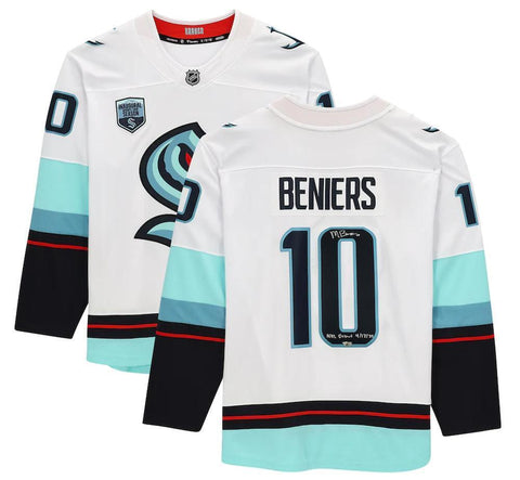 MATT BENIERS Autographed "NHL Debut 4/12/22" White Breakaway Jersey FANATICS