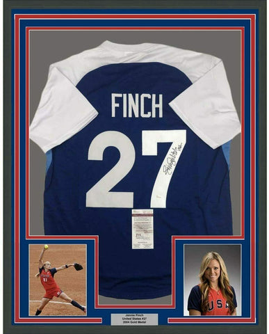 Framed Autographed/Signed Jennie Finch USA 33x42 Blue USA Jersey JSA COA