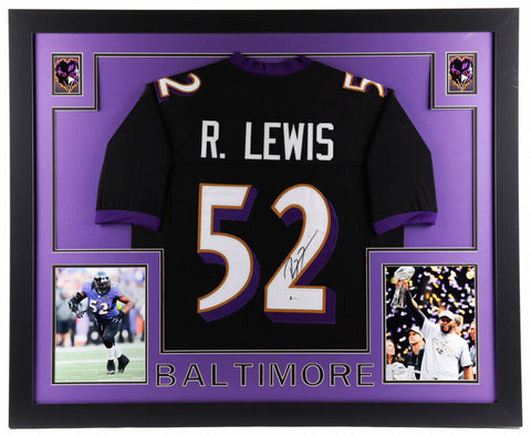 Ray Lewis Signed Baltimore Ravens 35x43 Custom Framed Jersey (Beckett COA)