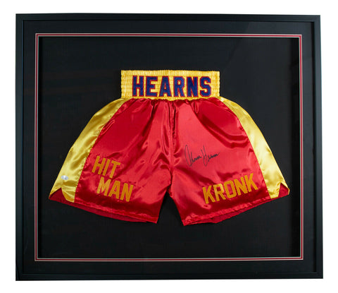 Thomas Hitman Hearns Signed Framed Custom Red/Gold Boxing Trunks JSA ITP