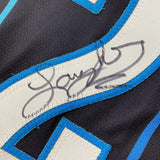 Framed Autographed/Signed Larry Johnson 33x42 Charlotte Black Jersey JSA COA