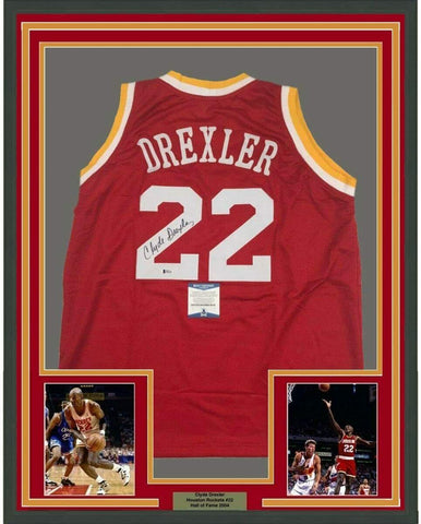 Framed Autographed/Signed Clyde Drexler 33x42 Houston Red Jersey Beckett BAS COA