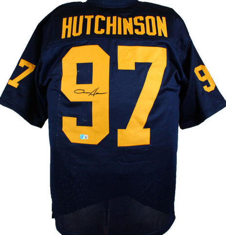 Aidan Hutchinson Autographed Blue College Style Jersey - Beckett W Hologram