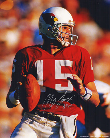 Neil Lomax Signed Cardinals Red Jersey Action 8x10 Photo (In Silver) - (SS COA)