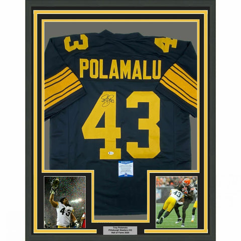 FRAMED Autographed/Signed TROY POLAMALU 33x42 Pittsburgh CR Jersey Beckett COA