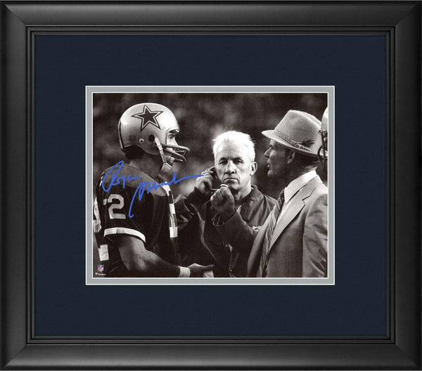 Roger Staubach Dallas Cowboys FRMD Signed 8x10 Talking with Landry Photograph