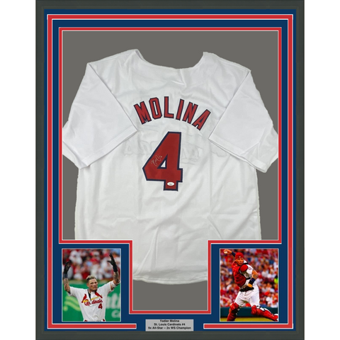 FRAMED Autographed/Signed YADIER MOLINA 33x42 St. Louis White Baseball Jersey JS