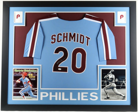 Mike Schmidt Signed 35x43 Framed Philadelphia Phillies Jersey (JSA Holo) HOF 3.B