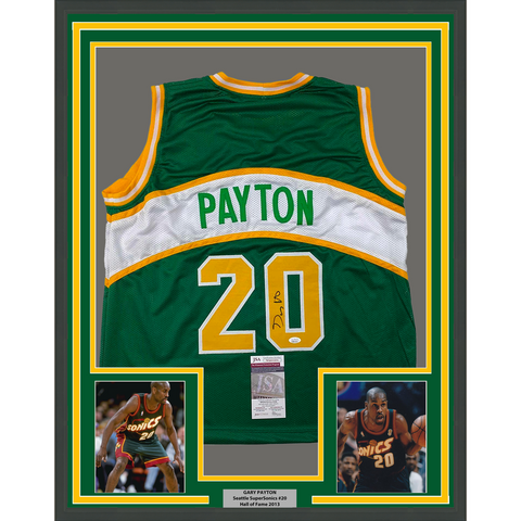Framed Autographed/Signed Gary Payton 33x42 Seattle Green Jersey JSA COA