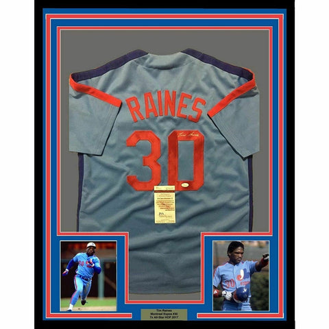 FRAMED Autographed/Signed TIM RAINES 33x42 Montreal Blue Baseball Jersey JSA COA