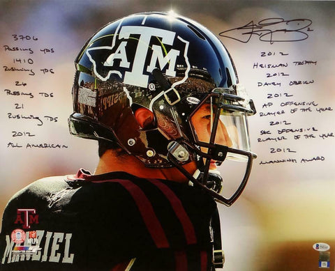 Johnny Manziel Signed Texas A&M 16x20 Close Up PF Photo w/ Stats- Beckett Auth