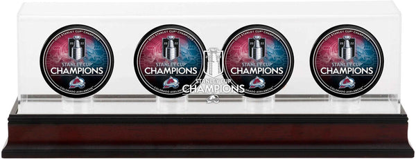 Avalanche 2022 Stanley Cup Champs Mahogany Four Hockey Puck Logo Display Case