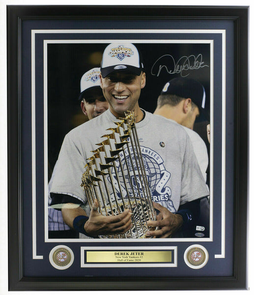Derek Jeter Signed Framed 16x20 Yankees Trophy Photo MLB+Steiner Holo