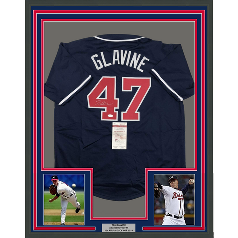 FRAMED Autographed/Signed TOM GLAVINE 33x42 Atlanta Blue Baseball Jersey JSA COA