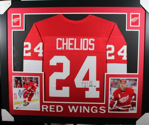 CHRIS CHELIOS (Red Wings red SKYLINE) Signed Autographed Framed Jersey JSA