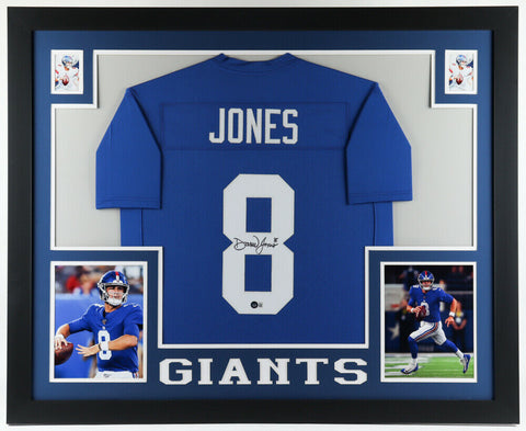 Daniel Jones Signed New York Giants 35x43 Framed Blue Jersey (Beckett Hologram)