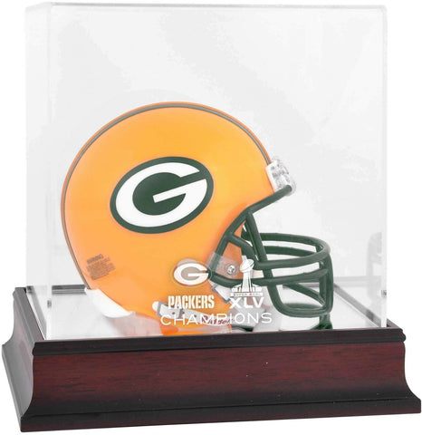 Green Bay Packers Super Bowl XLV Champs Mahogany Mini Helmet Logo Display Case