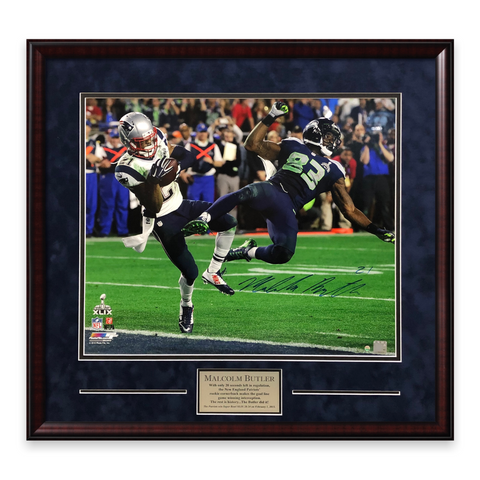 Malcolm Butler Signed Autographed "Interception" 16x20 Photo Framed to 20x24 NEP