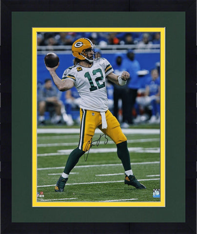 Framed Aaron Rodgers Packers Signed 16" x 20" White Jersey with Football Photo