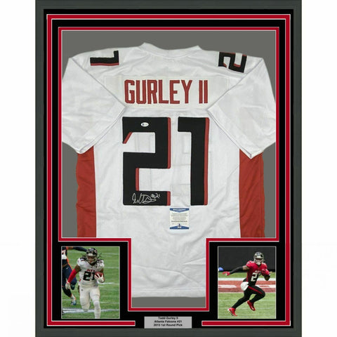 FRAMED Autographed/Signed TODD GURLEY II 33x42 Atlanta White Jersey Beckett COA