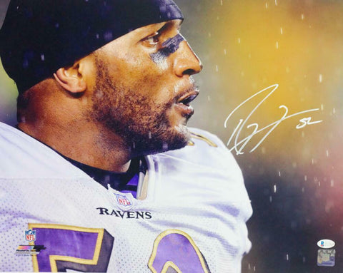 Ray Lewis Signed Ravens 16x20 PF Close Up In Rain Photo- Beckett Auth *Short Sig