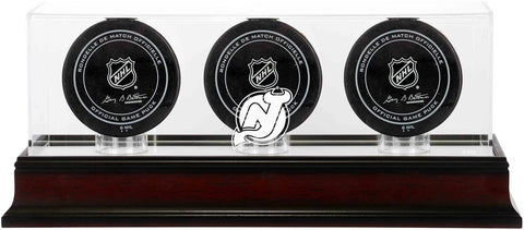 New Jersey Devils Mahogany Three Hockey Puck Logo Display Case