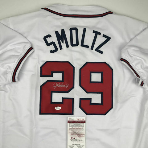 Autographed/Signed JOHN SMOLTZ Atlanta White Baseball Jersey JSA COA Auto