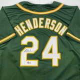Autographed/Signed Rickey Henderson Oakland Green Jersey Beckett BAS COA