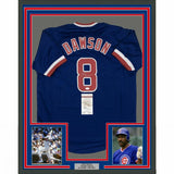 FRAMED Autographed/Signed ANDRE DAWSON 33x42 Chicago Blue Jersey JSA COA Auto