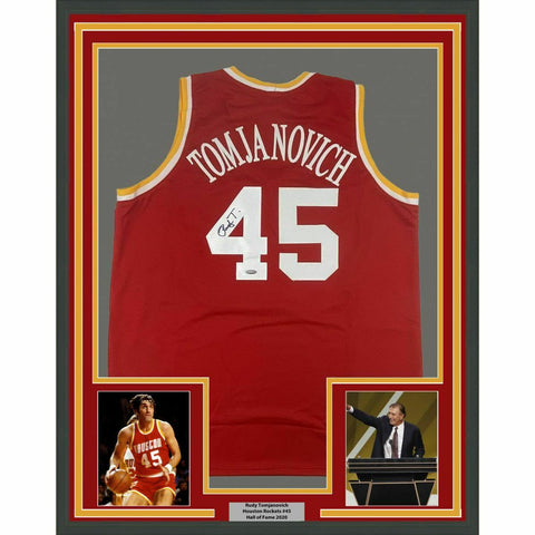 FRAMED Autographed/Signed RUDY TOMJANOVICH 33x42 Houston Red Jersey Tristar COA